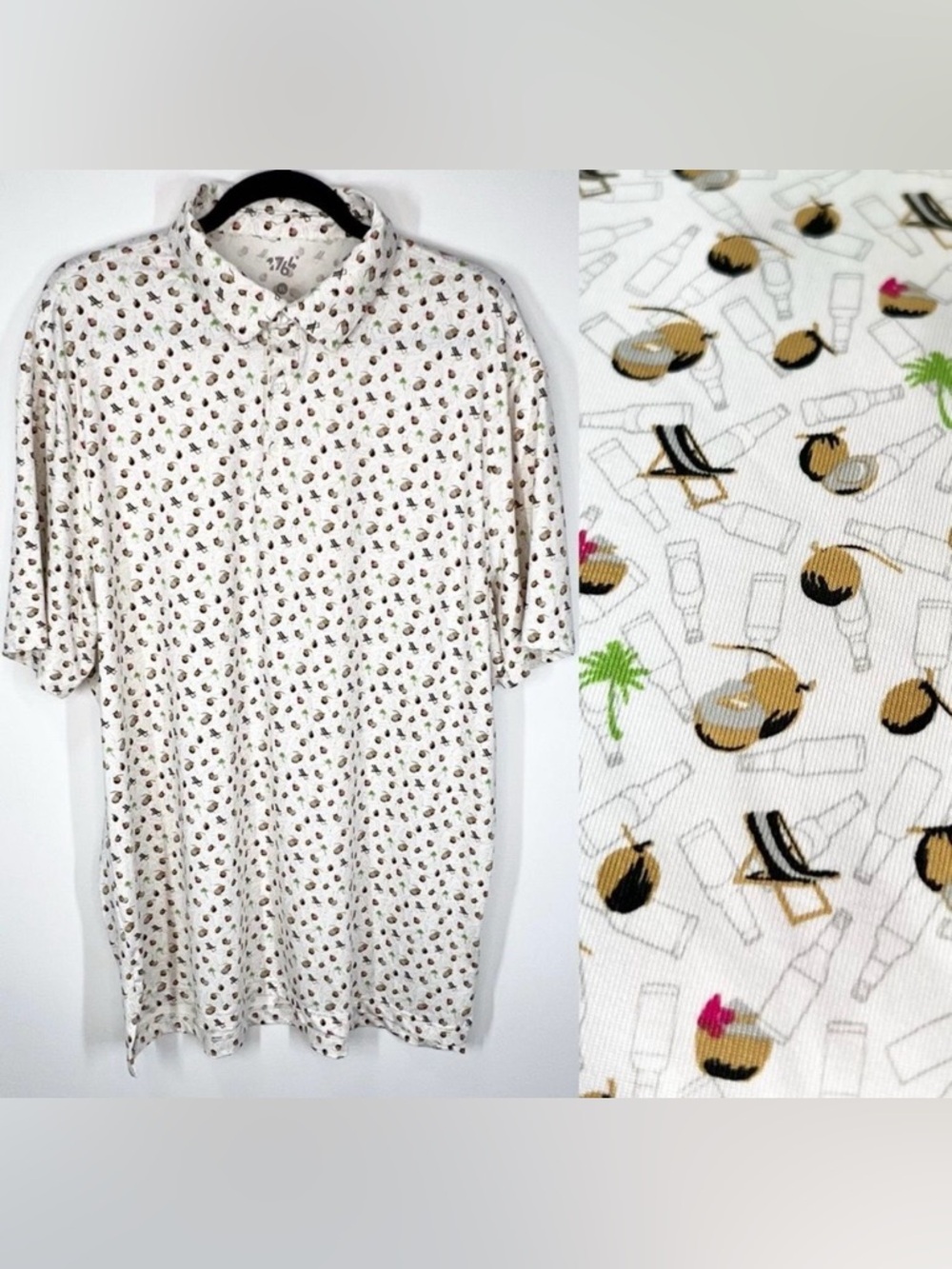 1764 Golf Polo Shirt Coconuts Beach Chairs Palm Trees Beer Bottles Shirt XL EUC